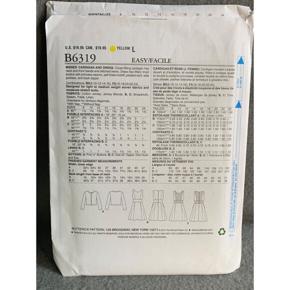 Butterick Misses Dress jacket Sewing Pattern Sz 16-24 B6319 - uncut - Picture 3 of 4